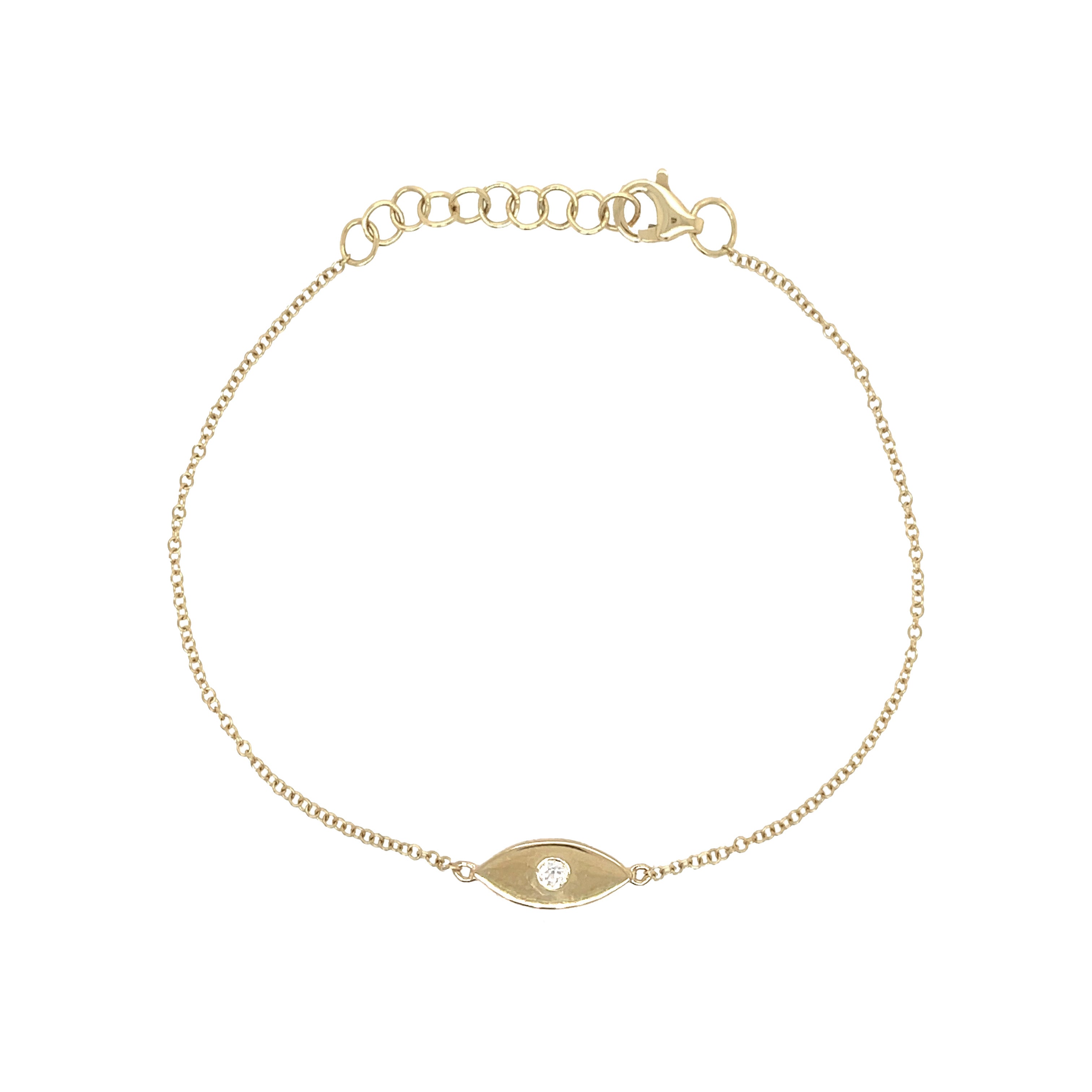 Yellow Gold Diamond Evil Eye Bracelet 14K Yellow Gold 0.03 Diamond Carat Weight 6-7” Adjustable Chain