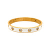 White Enamel 8 CZ Bangle Bracelet  Yellow Gold Plated over Stainless Steel Oval Shape: 1.76" X 2.19" 0.31" Width Hinge Closure