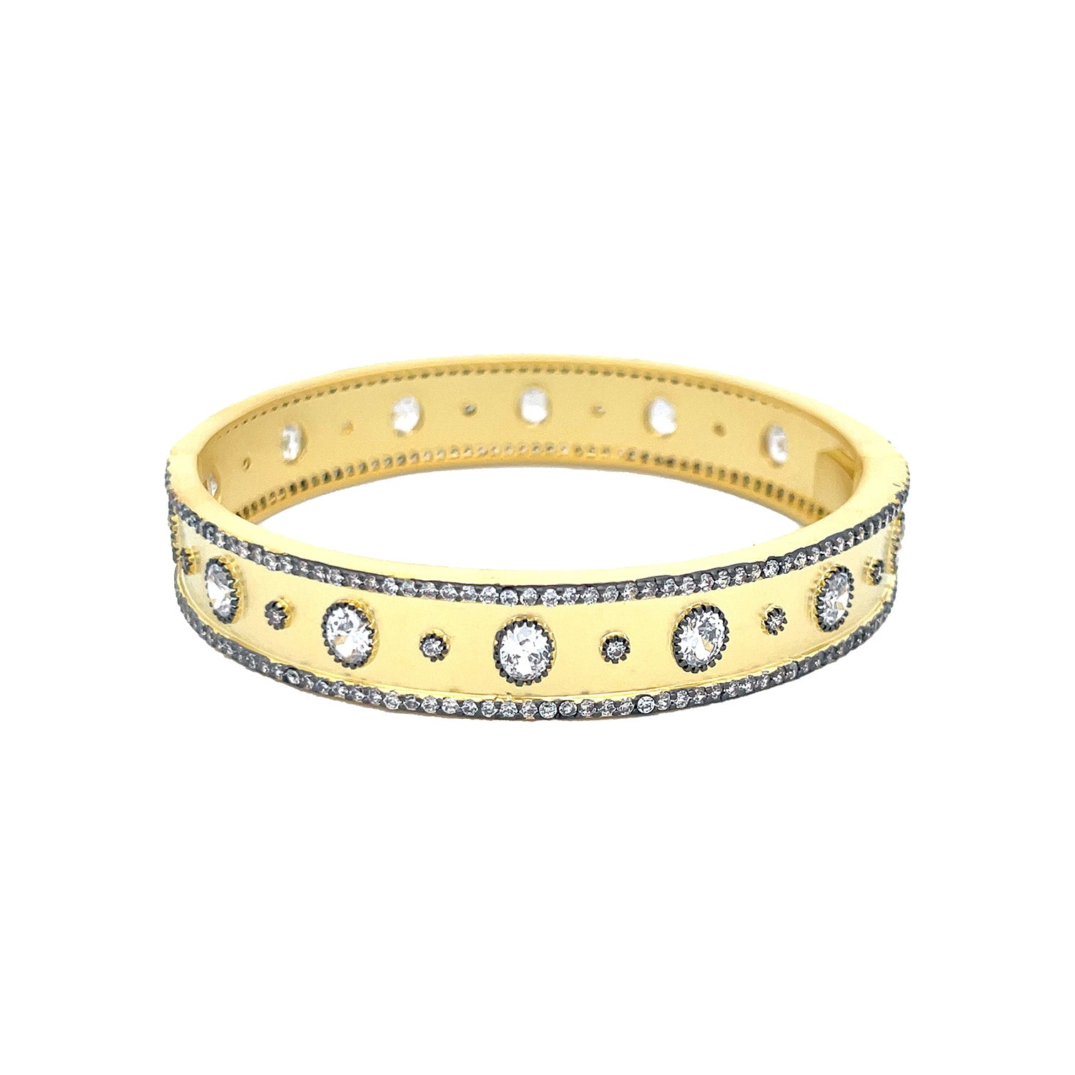 Crystal Pattern Bangle Bracelet  Matte Yellow & Oxidized Gold Plating  Cubic Zirconia 0.48" Width 