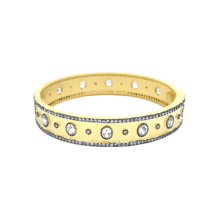 Crystal Pattern Bangle Bracelet  Matte Yellow & Oxidized Gold Plating  Cubic Zirconia 0.48" Width 