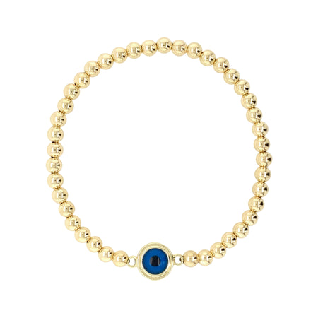 Blue Evil Eye Bead Stretch Bracelet  Yellow Gold Plated 4MM Eye: 0.34" Diameter