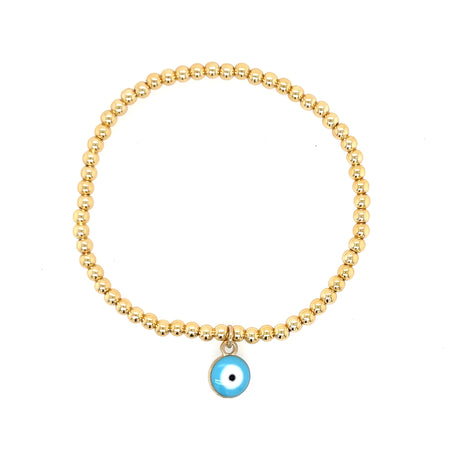Turquoise & White Enamel Evil Eye Charm Bracelet  Yellow Gold Plated Eye: 0.3" Diameter Bead: 0.12" Diameter Fits size 5.5-6" wrist