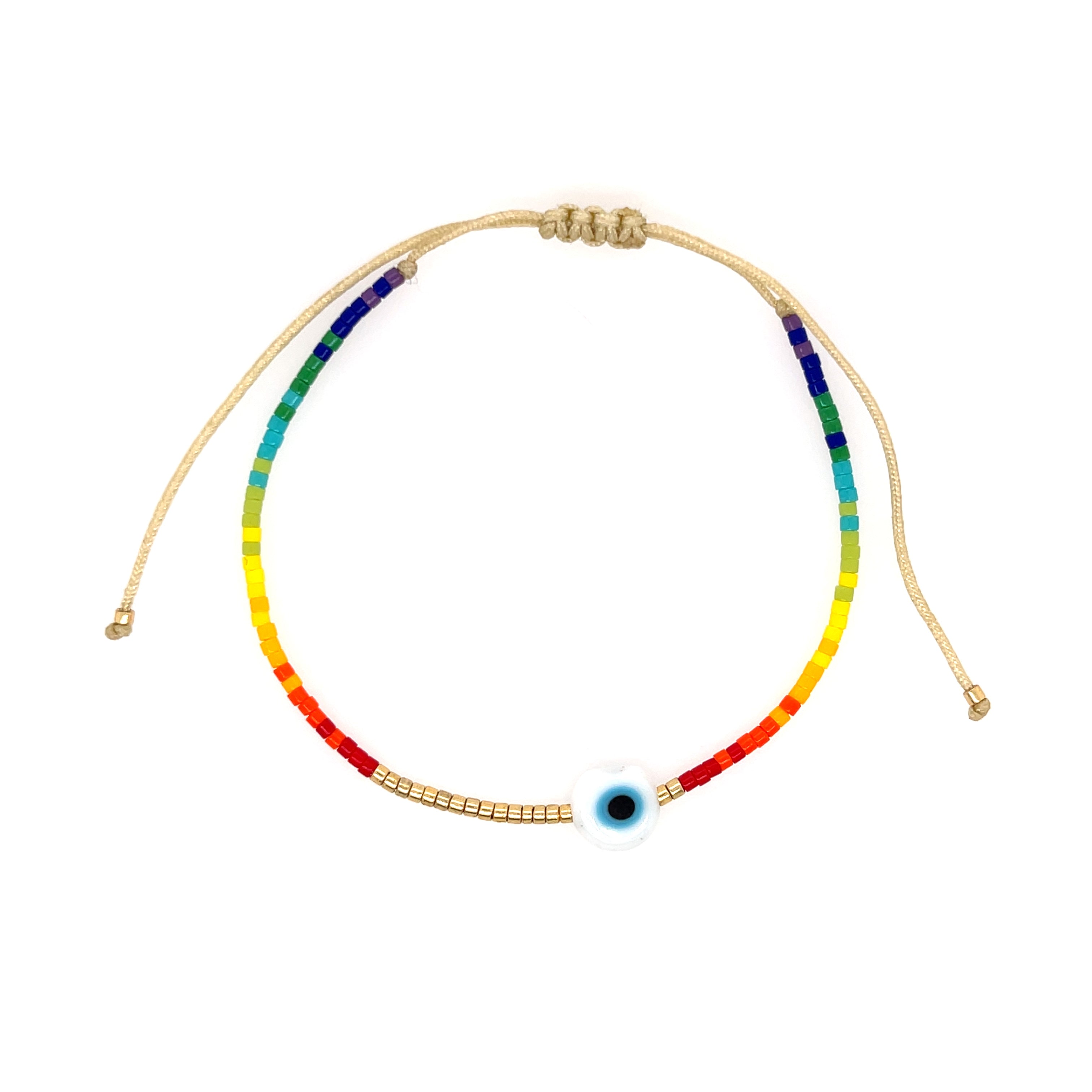 Rainbow Ombre Beaded Evil Eye Adjustable String Bracelet  Yellow Gold Plated Adjustable Evil Eye: 0.35"