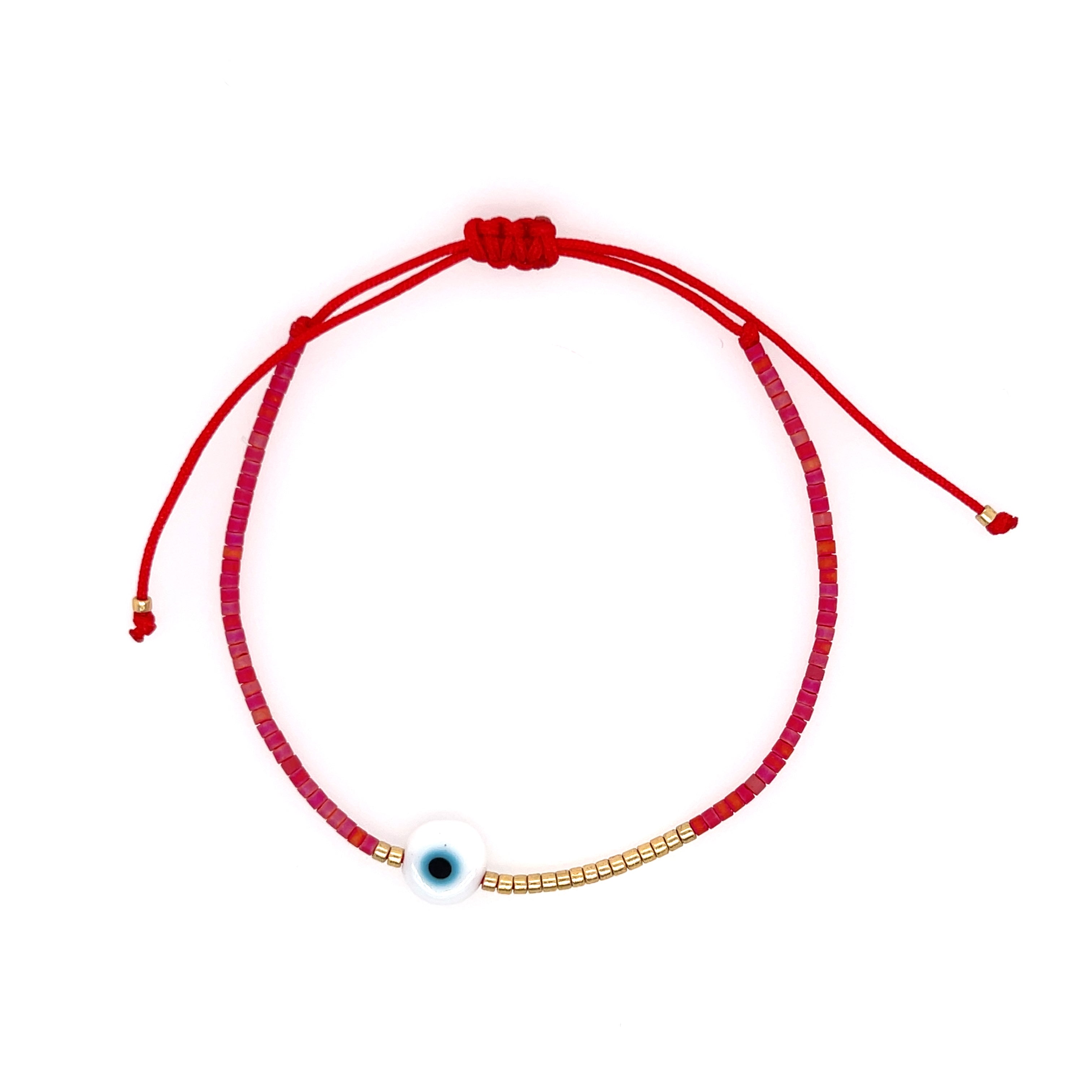 Red Beaded Evil Eye Adjustable String Bracelet  Yellow gold plated Adjustable Evil Eye: 0.35"