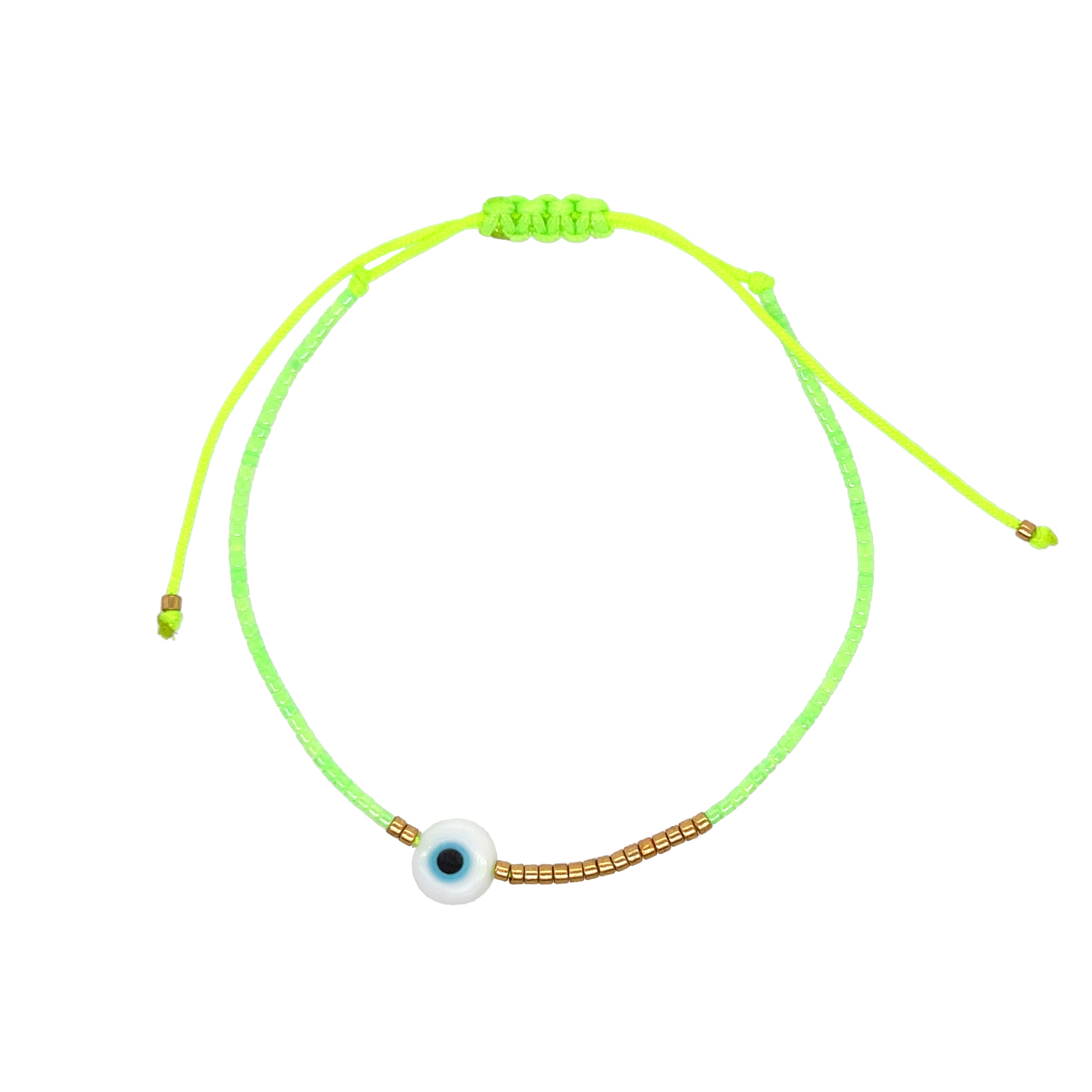 Neon Green Beaded Evil Eye Adjustable String Bracelet  Yellow Gold Plated Adjustable Evil Eye: 0.35"