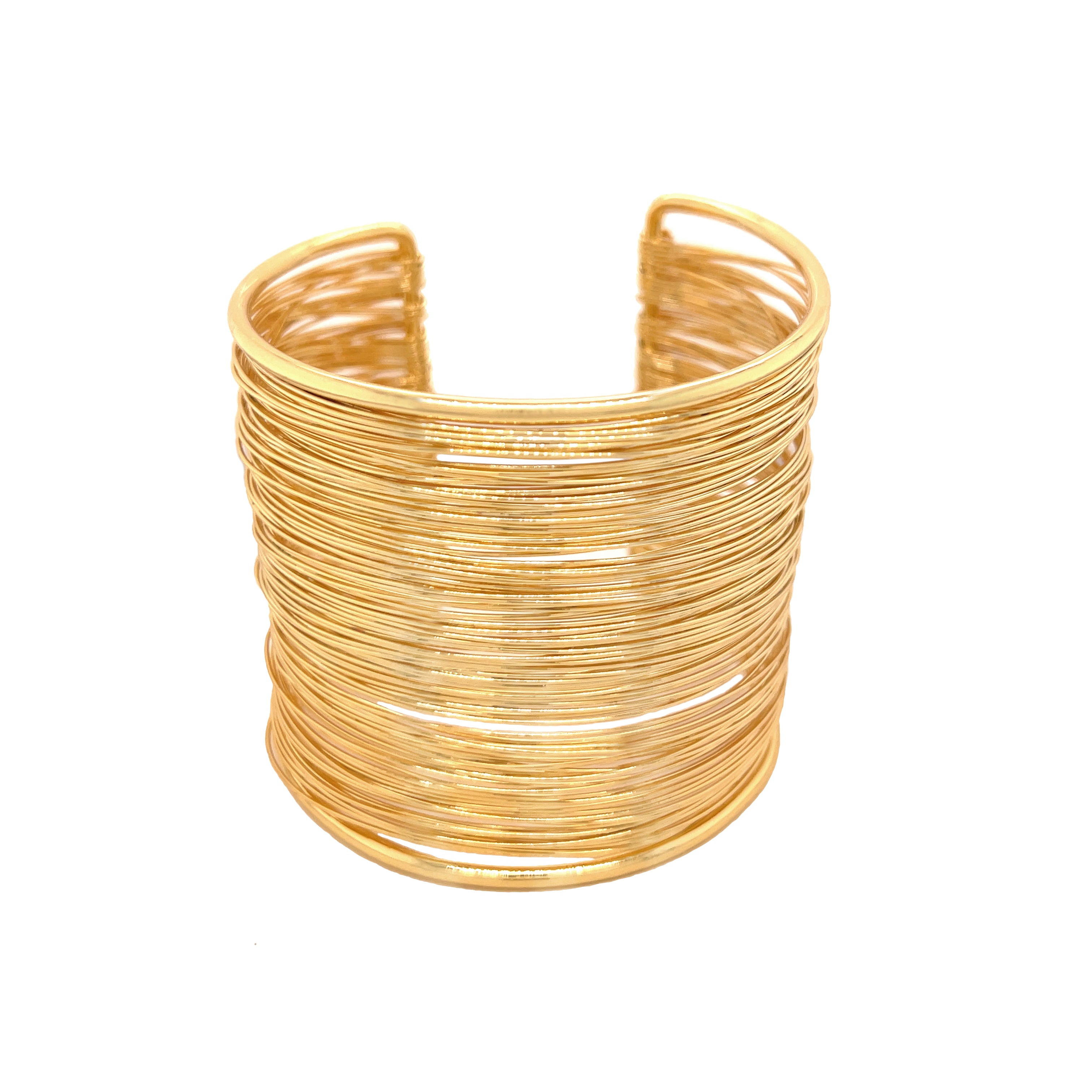 Open Wire Cuff Bracelet  14K Yellow Gold Plated 2.05" Height  2.30" Length x 2.20" Width Diameter 1.00" Opening