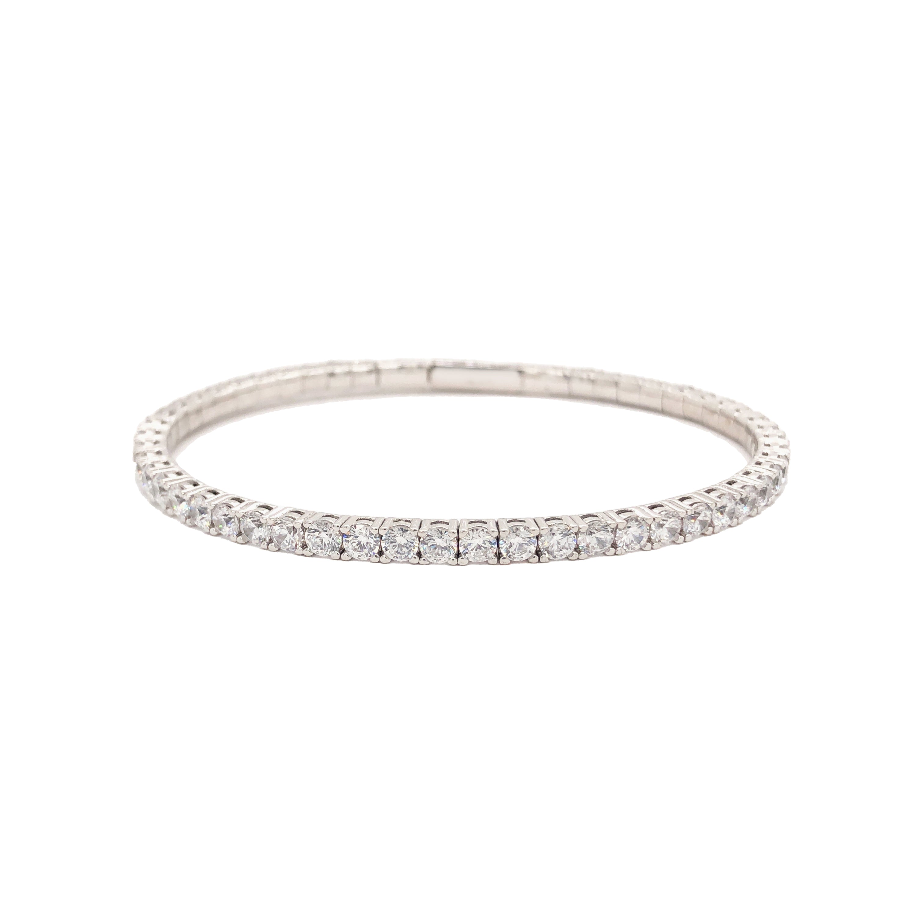 Pave CZ Tennis Bangle  Sterling Silver  Oval Shape: 2.19” X 1.83” 0.12” Width 0.80-1.30” Flexible Opening