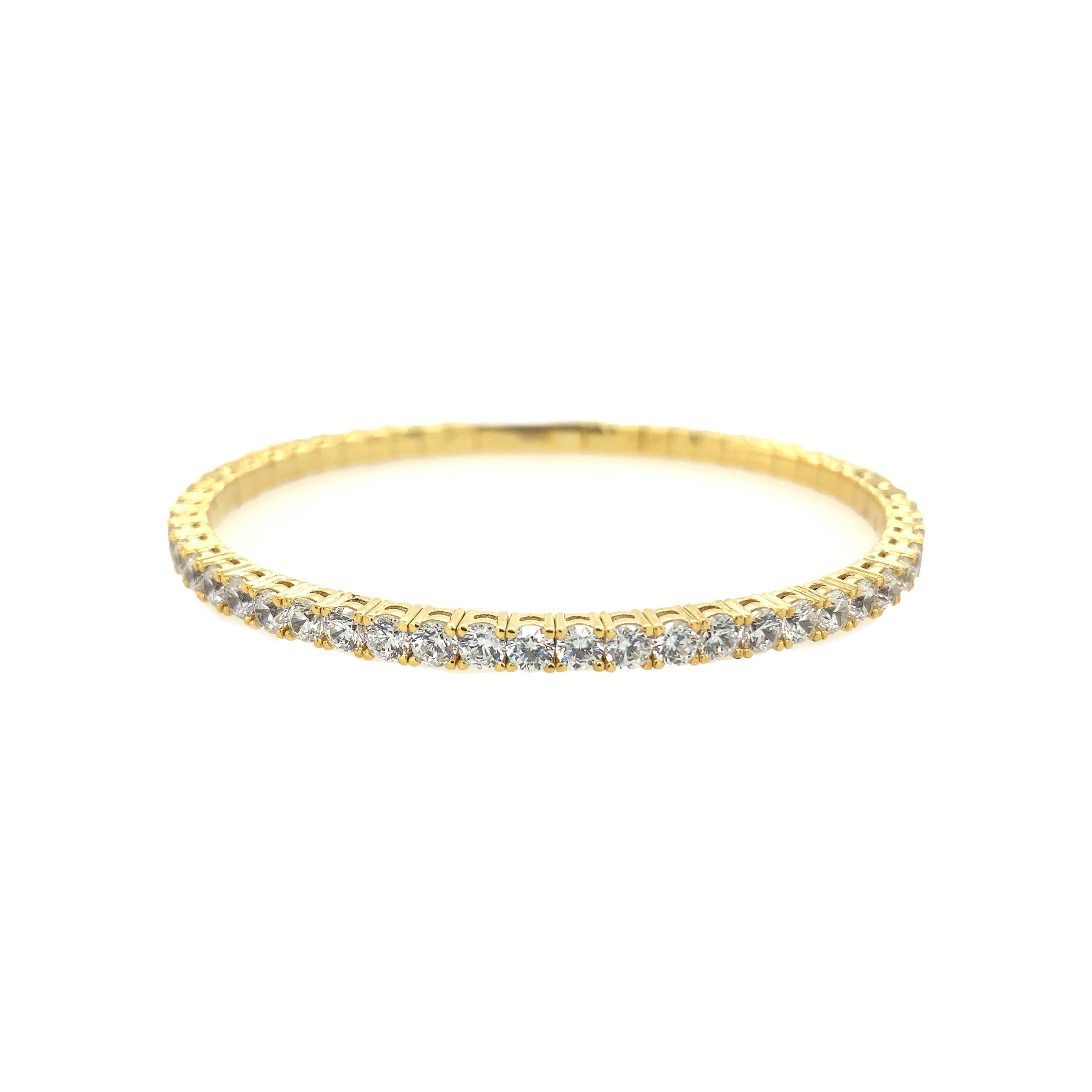 Yellow Gold Plated CZ Tennis Bangle Bracelet   Yellow Gold Plated Oval Shape: 2.19” X 1.83” 0.12” Width 0.80-1.30” Flexible Opening