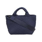 Navy Mini Woven Tote With Rolled Handles  7.75" Height X 14.5" Length X 6.75" Depth Pouch Included Removable Crossbody Strap Included