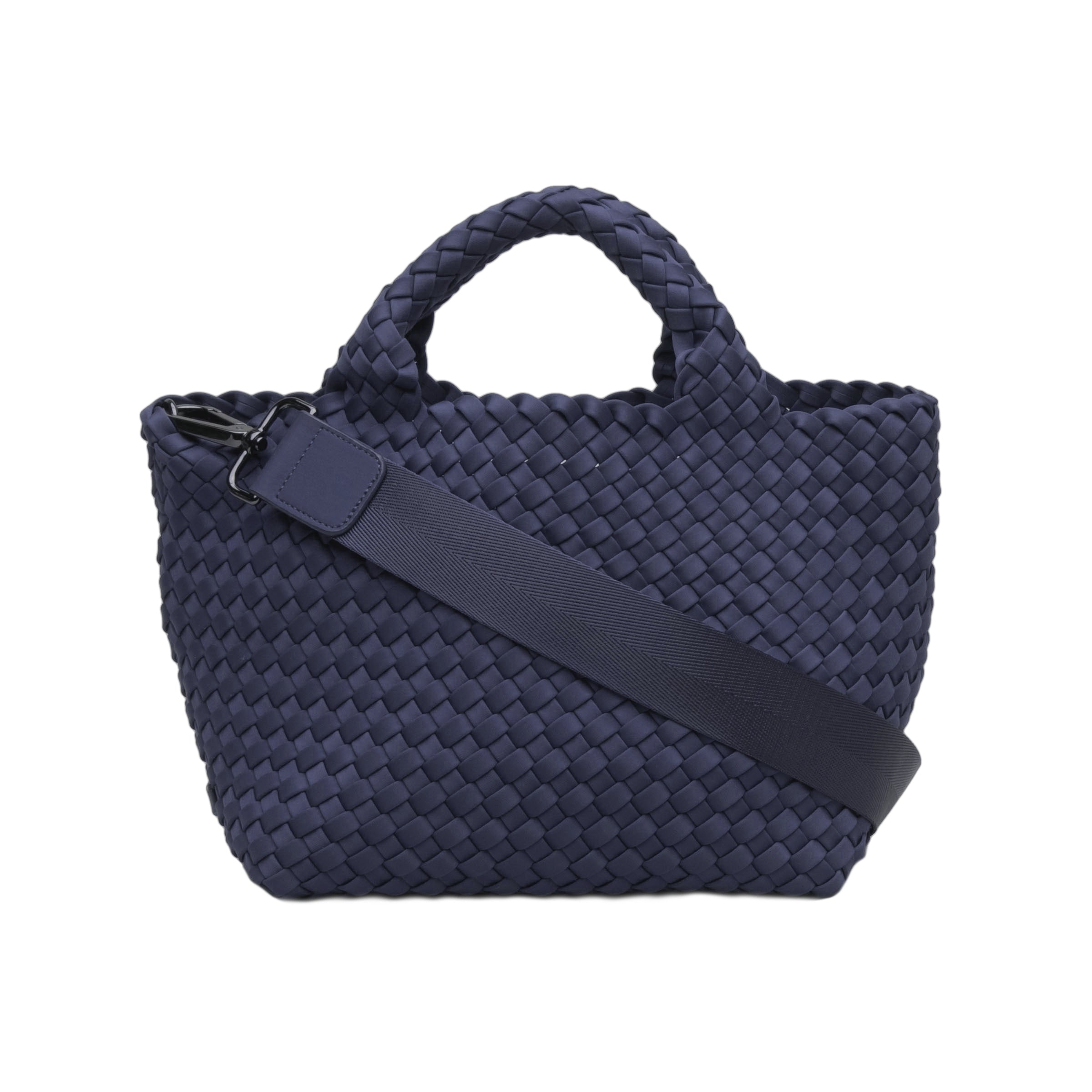 Navy Mini Woven Tote With Rolled Handles  7.75" Height X 14.5" Length X 6.75" Depth Pouch Included Removable Crossbody Strap Included