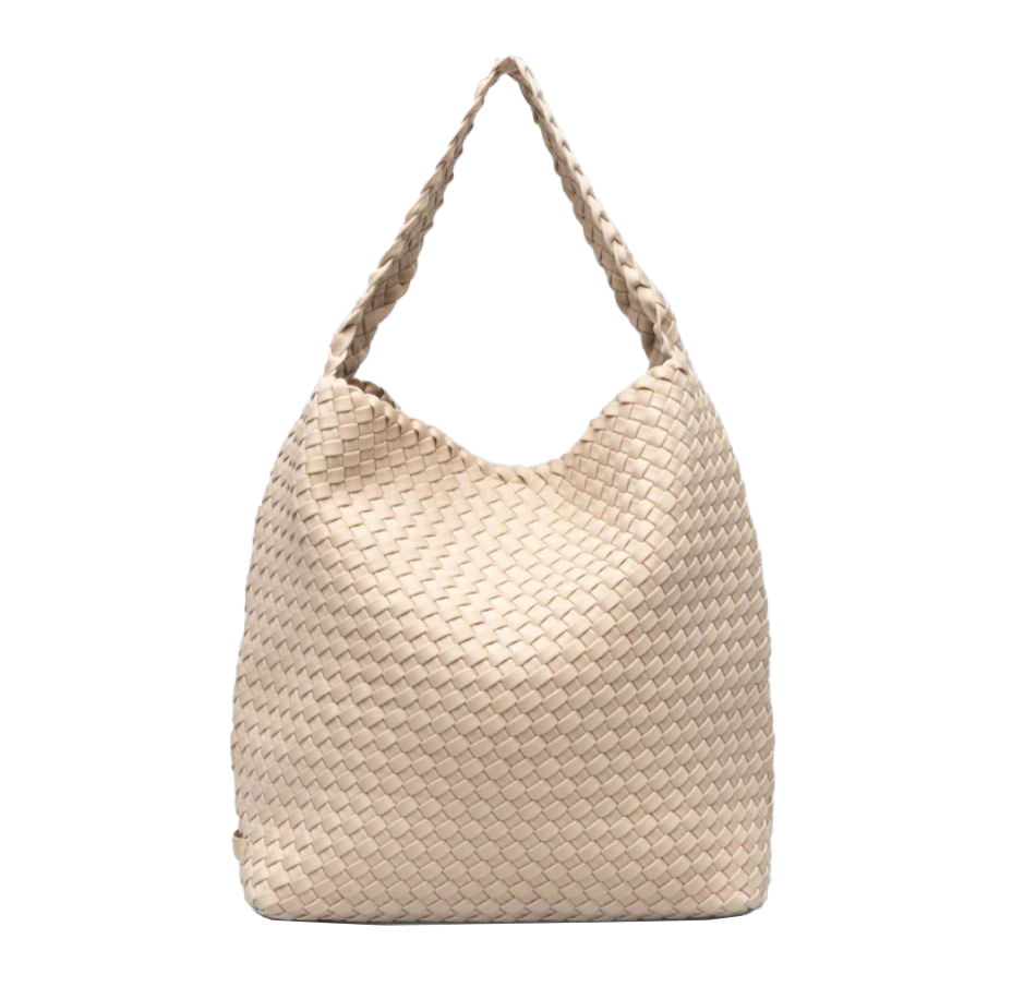 Ecru Hobo Woven Bag  16" High X 12" Wide X 5”  Deep Strap Drop: 5" Removable Pouch Included Magnetic Snap Closure