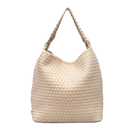Ecru Hobo Woven Bag  16" High X 12" Wide X 5”  Deep Strap Drop: 5" Removable Pouch Included Magnetic Snap Closure