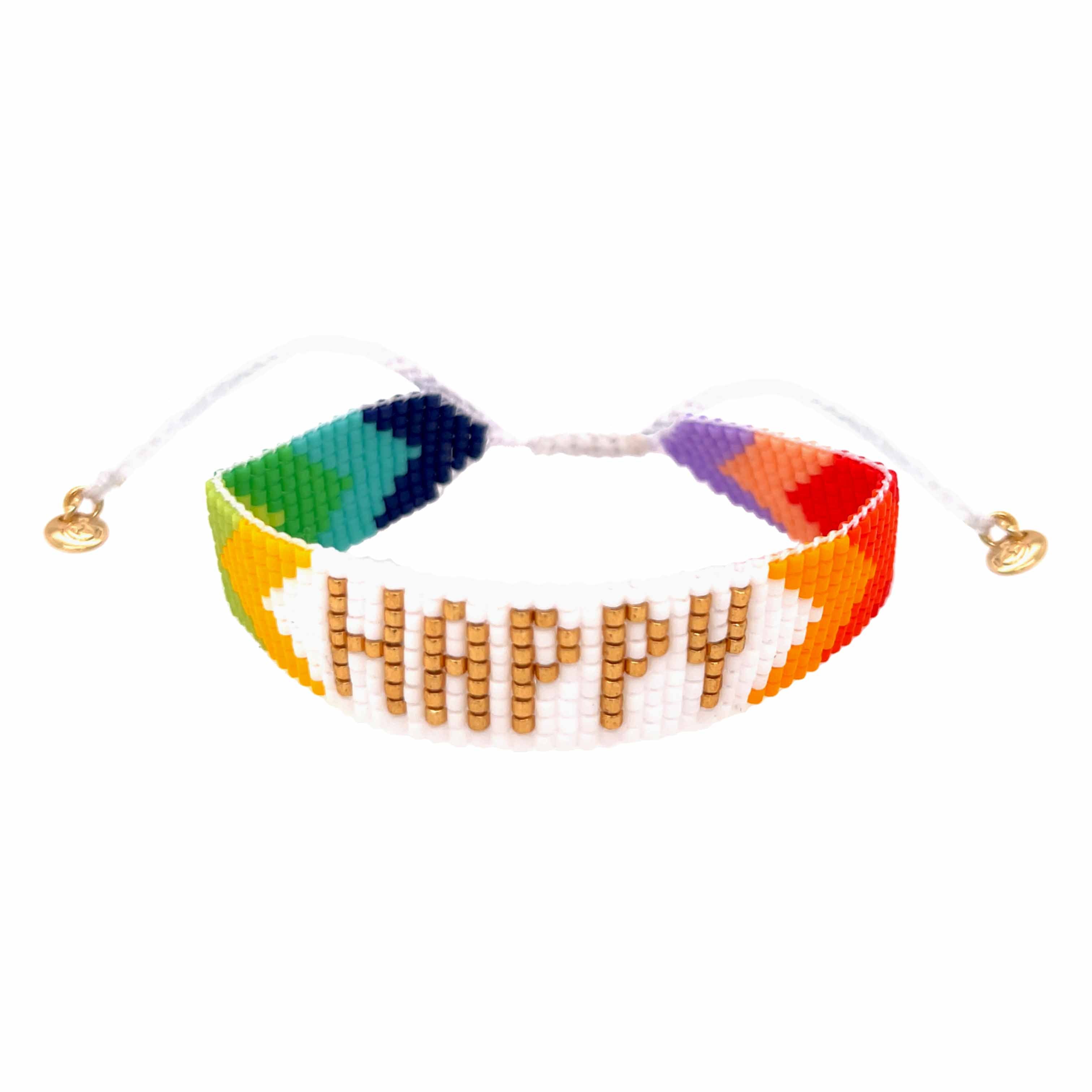 Rainbow Beaded "Happy" Bracelet  Yellow Gold Plated 0.55" Wide Adjustable Closure