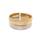 Double Row Wide Flat Flex Cuff Bracelet   Yellow & White Gold Plated Over Silver Oval Shape: 2.28” X 1.76” 1.16” Width 0.50-0.75” Flexible Opening