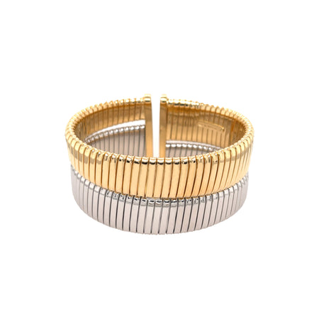 Double Row Wide Flat Flex Cuff Bracelet   Yellow & White Gold Plated Over Silver Oval Shape: 2.28” X 1.76” 1.16” Width 0.50-0.75” Flexible Opening view 1