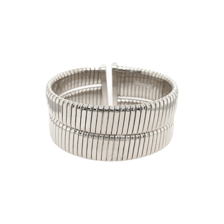 Double Row Wide Flat Flex Cuff Bracelet  White Gold Plated Over Silver Oval Shape: 2.28” X 1.76” 1.16” Width 0.50-0.75” Flexible Opening