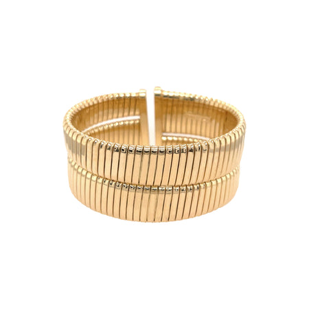 Double Row Wide Flat Flex Cuff Bracelet   Yellow Gold Plated Over Silver Oval Shape: 2.28” X 1.76” 1.16” Width 0.50-0.75” Flexible Opening