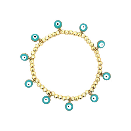Multi Turquoise Evil Eye Beaded Stretch Bracelet  Yellow Gold Plated Eye: 0.27" Diameter Adjustable