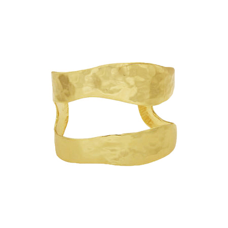 Wavy Hammered Cutout Cuff Bracelet  24K Yellow Gold Plated Oval Shape: 2.38” X 1.83” 1.65-1.91” Width Slightly Adjustable Open Cuff view 1