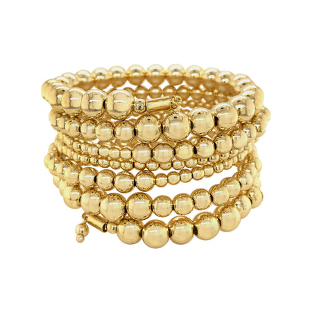Multi Ball Bead Coil Bracelet  Yellow Gold Plated 1.3" Wide Smallest bead size 3.6 MM Largest bead size 7.4 MM view 1