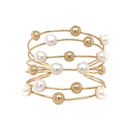 Gold Ball & Pearl Wire Cuff Bracelet  Yellow Gold Plated Slightly Adjustable 2.5" Width Freshwater Pearls