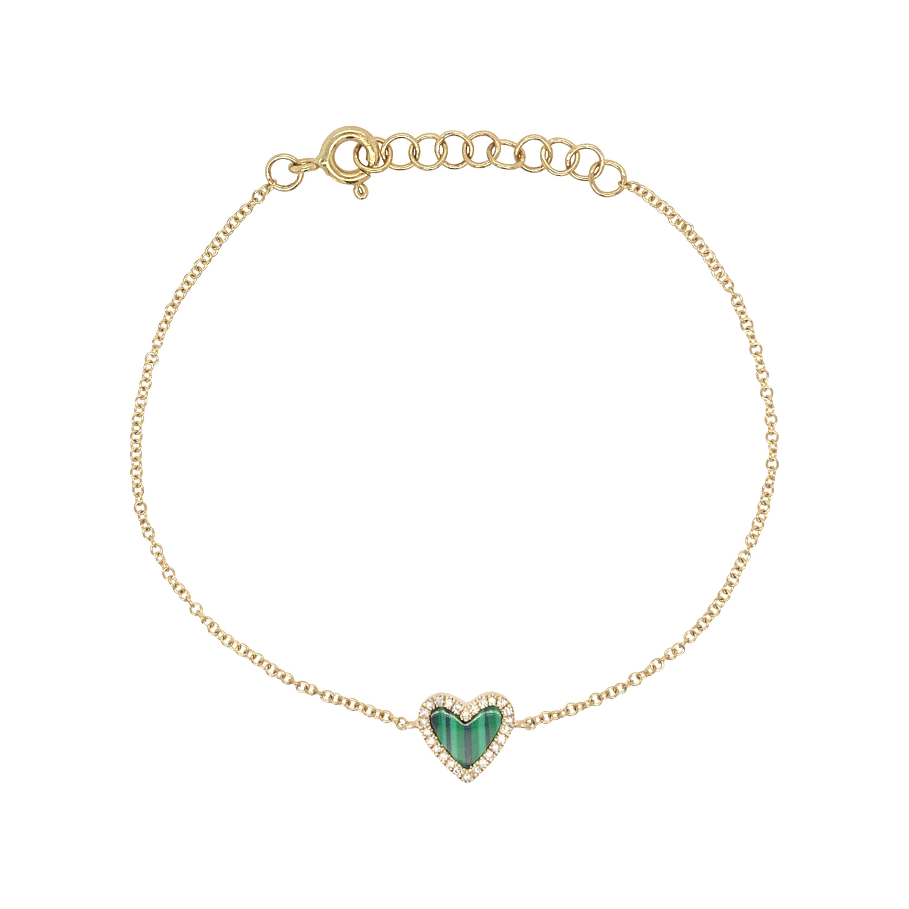 Pave Diamond & Malachite Heart Bracelet  14K Yellow Gold 0.06 Diamond Carat Weight 0.13 Malachite Carat Weight Chain: 6.50" Length Heart: 0.31" Long X 0.34" Wide