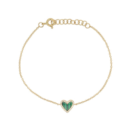 Pave Diamond & Malachite Heart Bracelet  14K Yellow Gold 0.06 Diamond Carat Weight 0.13 Malachite Carat Weight Chain: 6.50" Length Heart: 0.31" Long X 0.34" Wide view 1