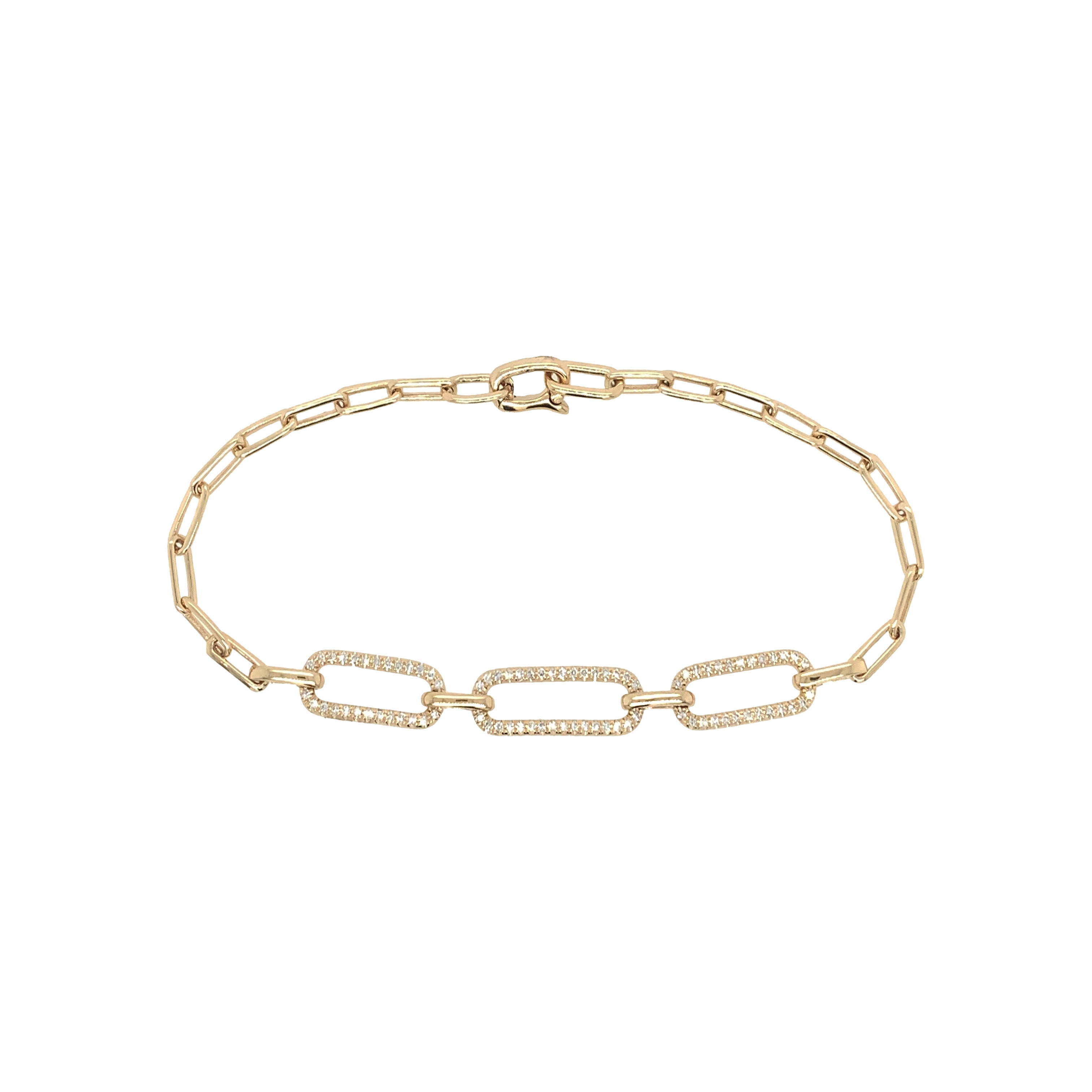 14K Gold Pave Diamond Link Bracelet on Paperclip Chain  14K Yellow Gold 0.23 Diamond Carat Weight 0.23" Thick 7" Chain Length