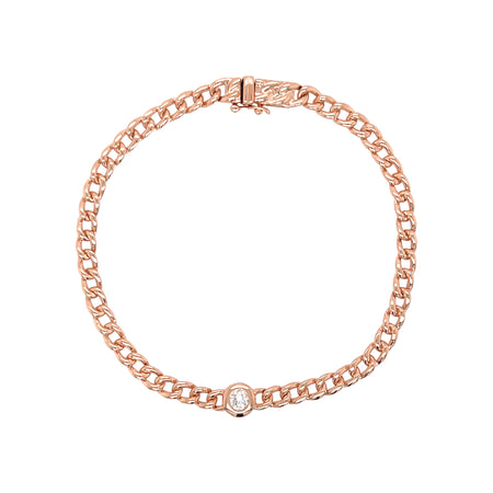 Bezel Set Diamond on Curb Chain Link Bracelet  14K Rose Gold 0.17 Diamond Carat Weight Bezel: 0.22" Diameter Chain: 0.14" Thick 7" Long