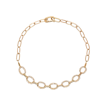 Pave Diamond Oval Link Bracelet on Paperclip Chain  14K Yellow Gold 6.75" Chain Length 0.22 Diamond Carat Weight Diamond Links: 0.20” High X 0.24" Wide