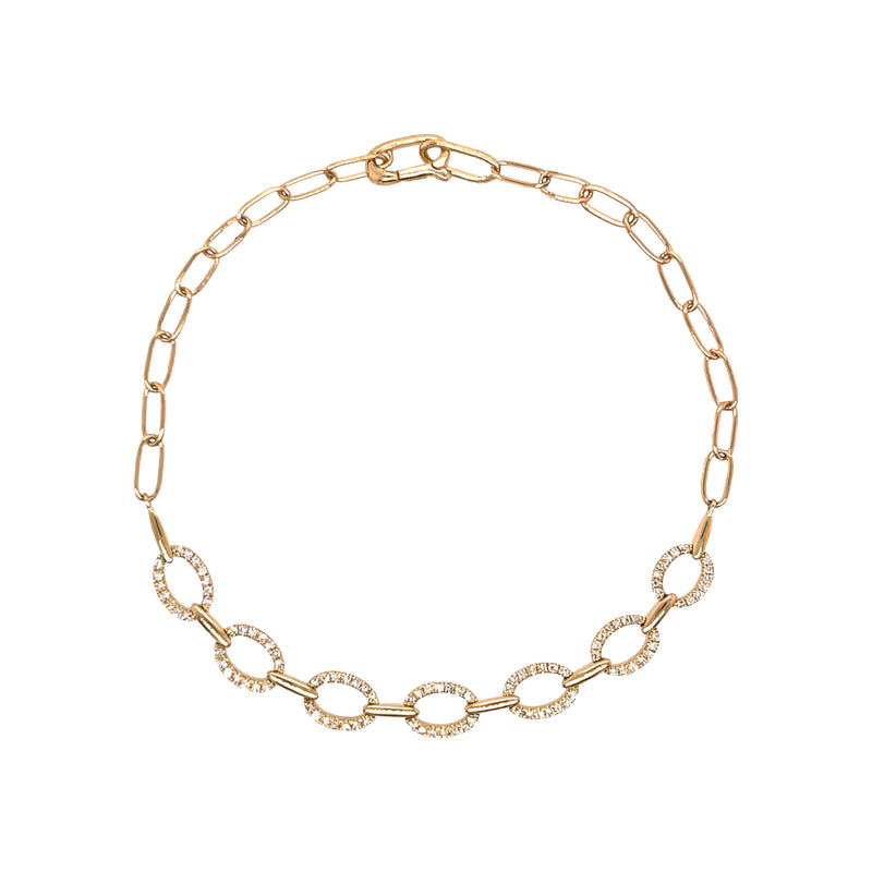Pave Diamond Oval Link Bracelet on Paperclip Chain  14K Yellow Gold 6.75" Chain Length 0.22 Diamond Carat Weight Diamond Links: 0.20” High X 0.24" Wide