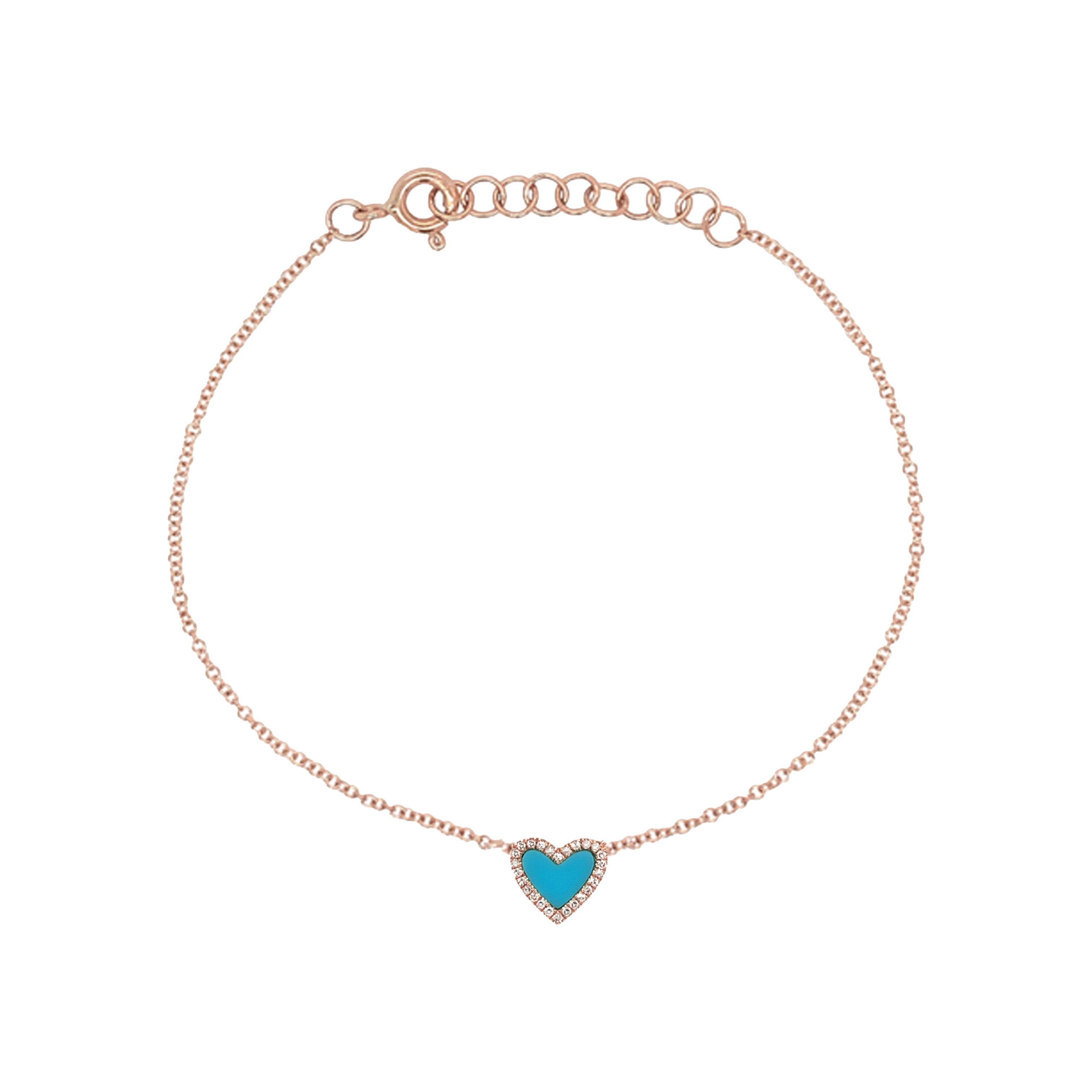 Pave Diamond & Turquoise Heart Chain Bracelet  14K Rose Gold 0.06 Diamond Carat Weight 0.13 Turquoise Carat Wight Heart: 0.38" Width Chain: 6-7" Length