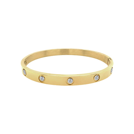 Crystal Eternity Bangle Bracelet  Yellow Gold Plated Over Stainless Steel Cubic Zirconia Oval Shape: 1.95" X 2.35" 0.24" Width Hinge Closure