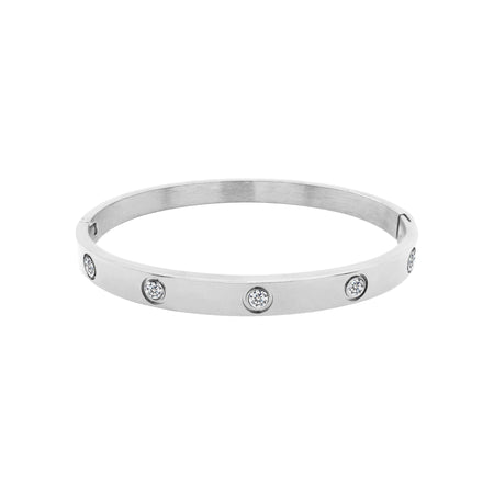  Crystal Eternity Bangle Bracelet  White Gold Plated Over Stainless Steel Cubic Zirconia Oval Shape: 1.95" X 2.35" 0.24" Width Hinge Closure view 1
