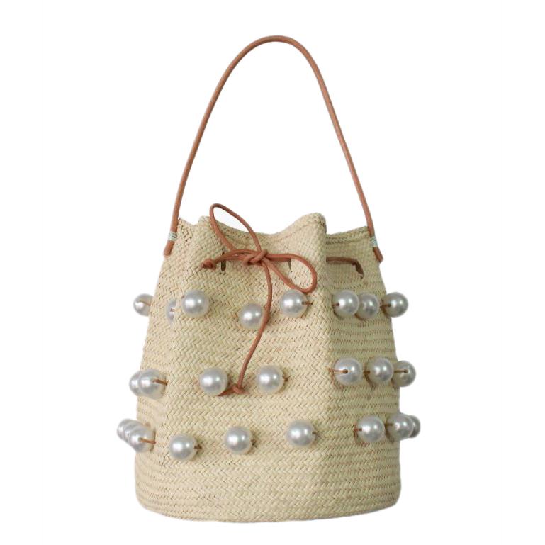 Natural Straw Pearl Drawstring Bucket Bag  7" Height X 6" Diameter Base