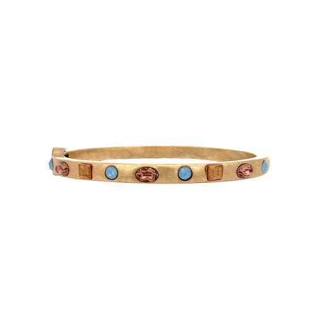 Multicolored Stone Bangle Bracelet  Yellow Gold Plated Oval Shape: 2.30" X 1.88" 0.21" Width Hinge Closure view 1