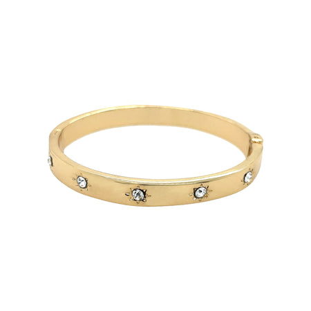 Clear CZ Starburst Wide Bangle Bracelet  Yellow Gold Plated Oval Shape: 2.40" Long X 2.0" Wide 0.30" Thick Hinge Closure