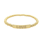 Pave Crystal Love Bar Beaded Stretch Bracelet  Yellow Gold Plated Prong Set CZs 4MM Bead 1.1" Long X 0.2" Wide Adjustable  