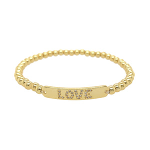Pave Crystal Love Bar Beaded Stretch Bracelet  Yellow Gold Plated Prong Set CZs 4MM Bead 1.1" Long X 0.2" Wide Adjustable  