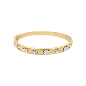 Nail Head & Clear Stone Bangle Bracelet  Yellow Gold Plated Cubic Zirconia Oval Shape: 2.5" X 2.0" 0.23" Width Hinge Closure