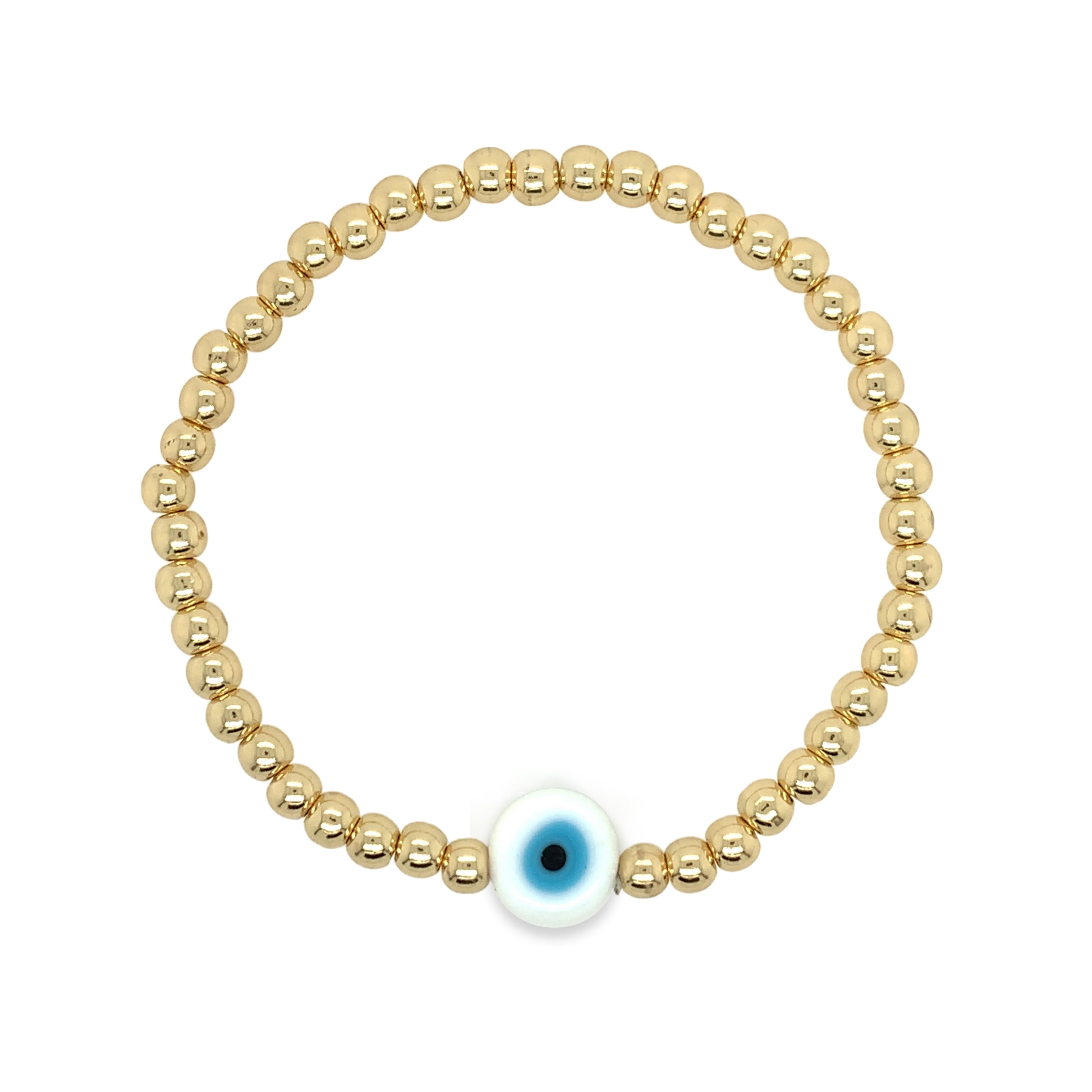 White Evil Eye Bead Stretch Bracelet  Yellow Gold Plated 4MM Bead 10MM Eye Glass Bead Adjustable