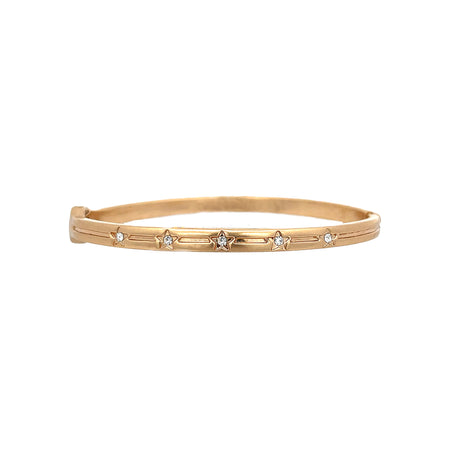Star Etched Gold Bangle Bracelet  Yellow Gold Plated Cubic Zirconia Oval Shape: 2.4" X 2.0" 0.2" Width Hinge Closure view 1