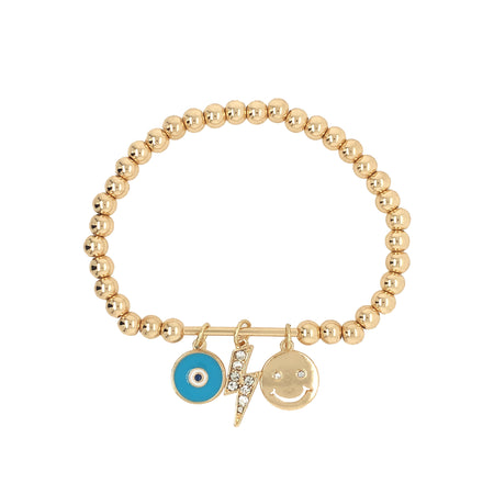 Turquoise Evil Eye, CZ Pave Lightning Bolt, and Smiley Face Charm Beaded Stretch Bracelet  Yellow Gold Plated  Beads: 0.20" Diameter Bar: 0.90" Length Evil Eye: 0.45" Diameter Lightning Bolt: 0.68" Length X 0.26" Width Smiley Face: 0.48" Diameter view 1