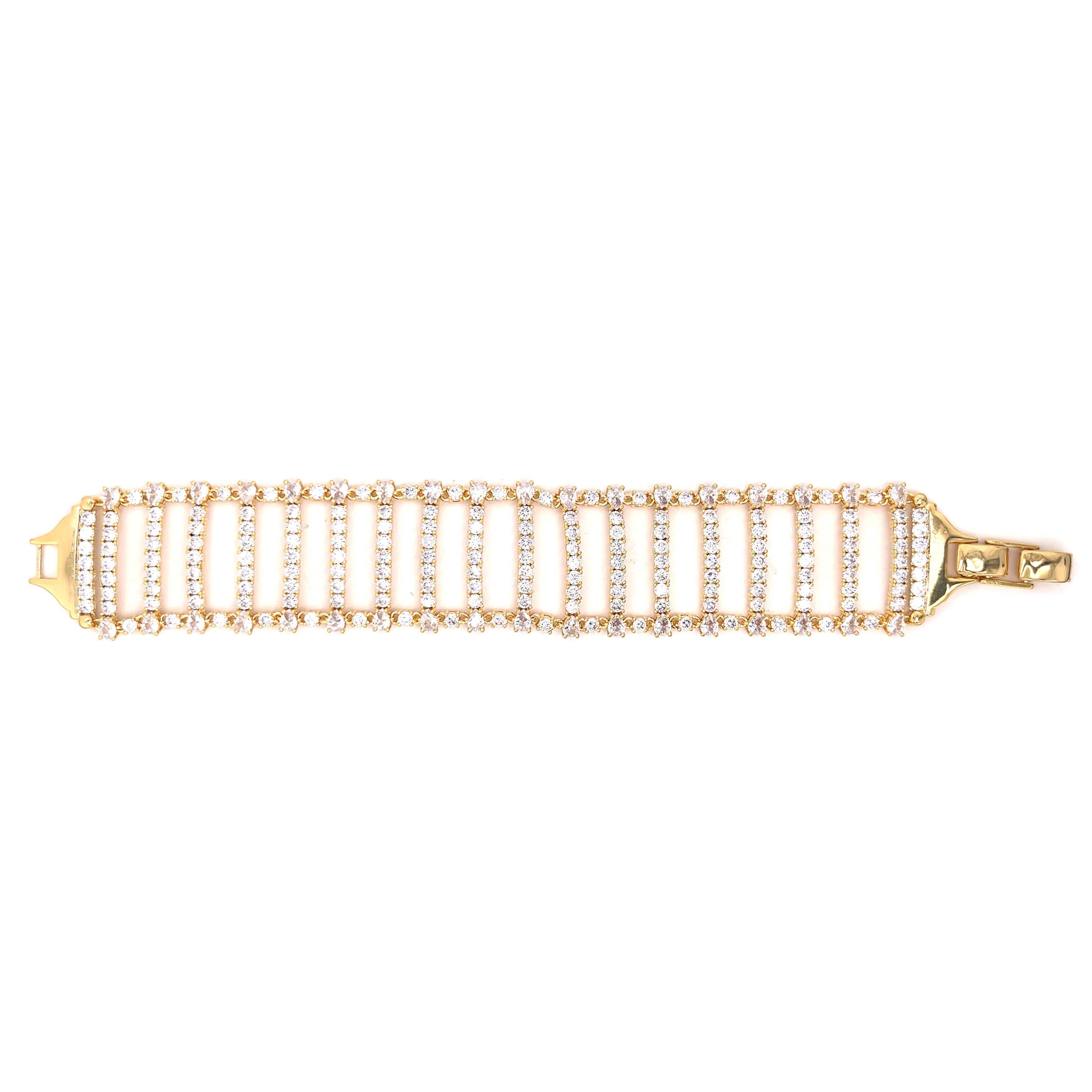 Pave CZ Open Bar Wide Bracelet  Yellow Gold Plated 1.05" Wide