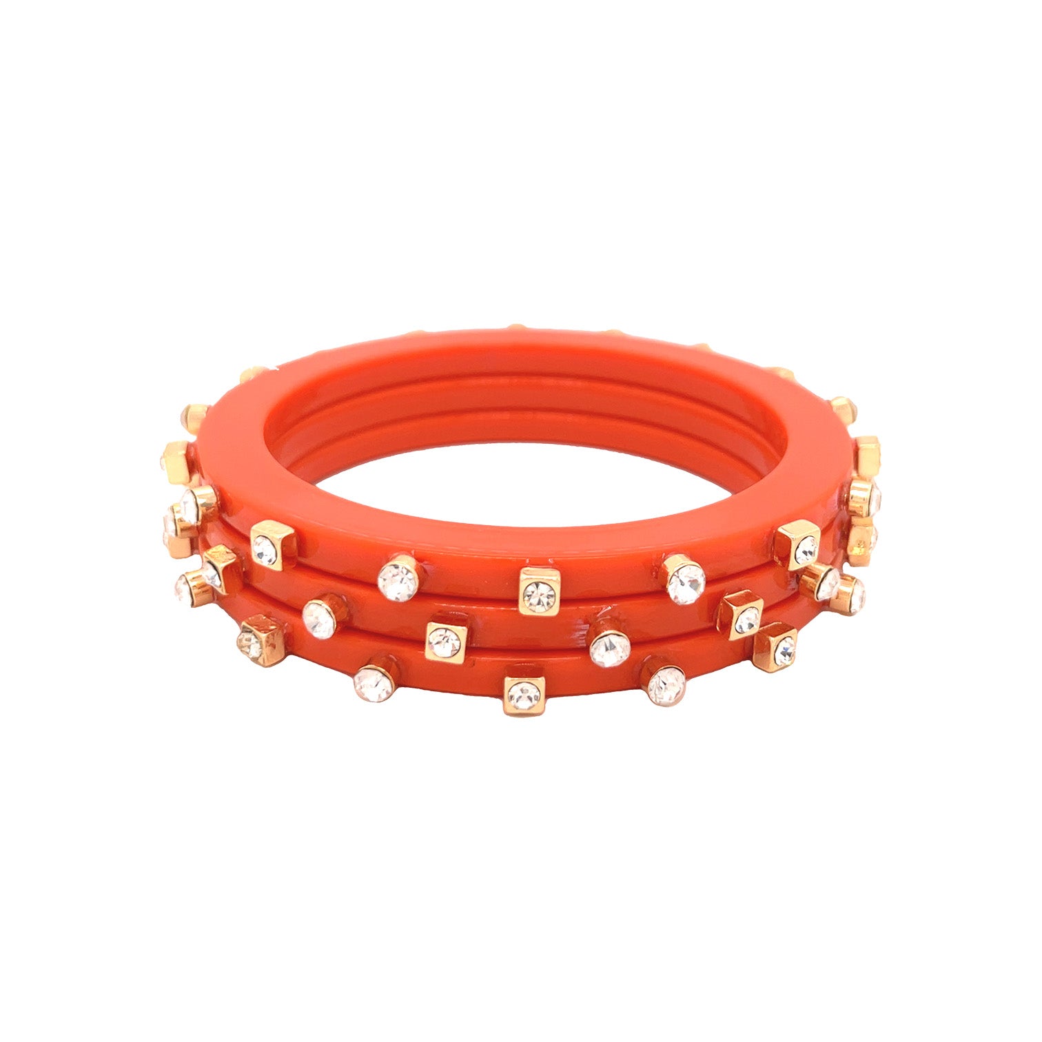 3 Small Orange Acrylic & Clear Studded Bangle Bracelet Set   Yellow Gold Plated  2.36" Width 