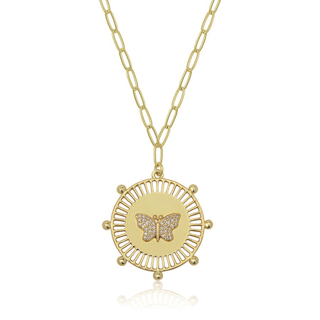 Yellow Gold Plated Pave Butterfly Medallion Necklace on Paperclip Chain  Yellow Gold Plated  Chain: 16-20" Length Medallion: 1.0" Diameter Butterfly: 0.5" Diameter 