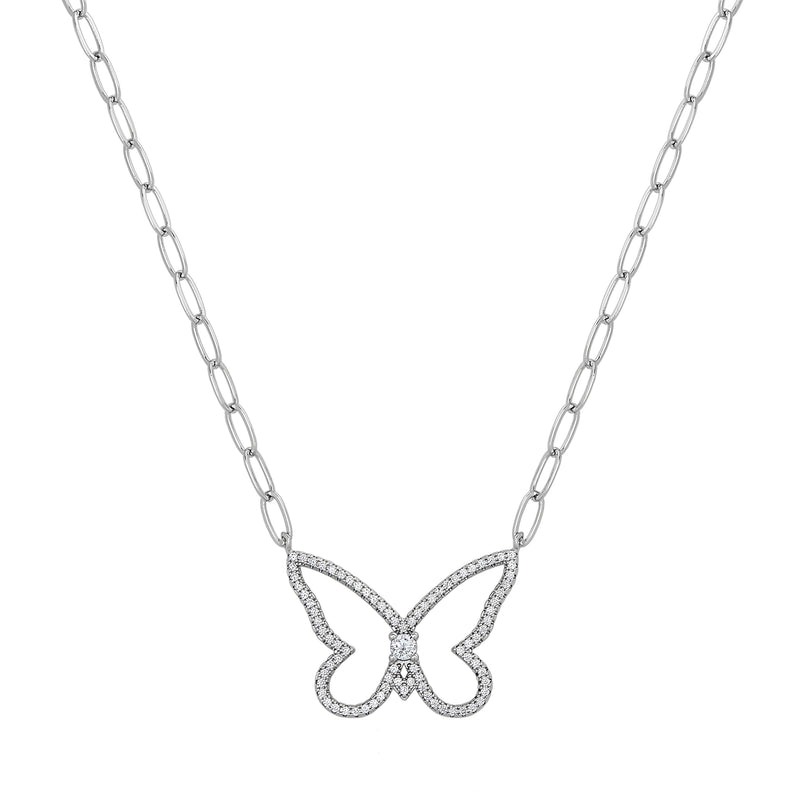 CZ Pave Butterfly Outline Necklace on Paperclip Chain  White Gold Plated  Chain: 16-20" Length Butterfly: 1.0" Wide X 0.9" High Center Stone: 0.10 CZ Carat Weig