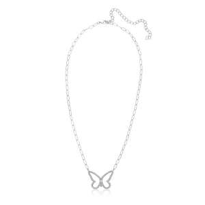 CZ Pave Butterfly Outline Necklace on Paperclip Chain  White Gold Plated  Chain: 16-20" Length Butterfly: 1.0" Wide X 0.9" High Center Stone: 0.10 CZ Carat Weight