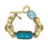 Gold Plated Over Silver Chunky Link Blue Stone Bracelet  14K Green Gold Plated Over Silver 7.5" Long  Designed by Steven Vaubel