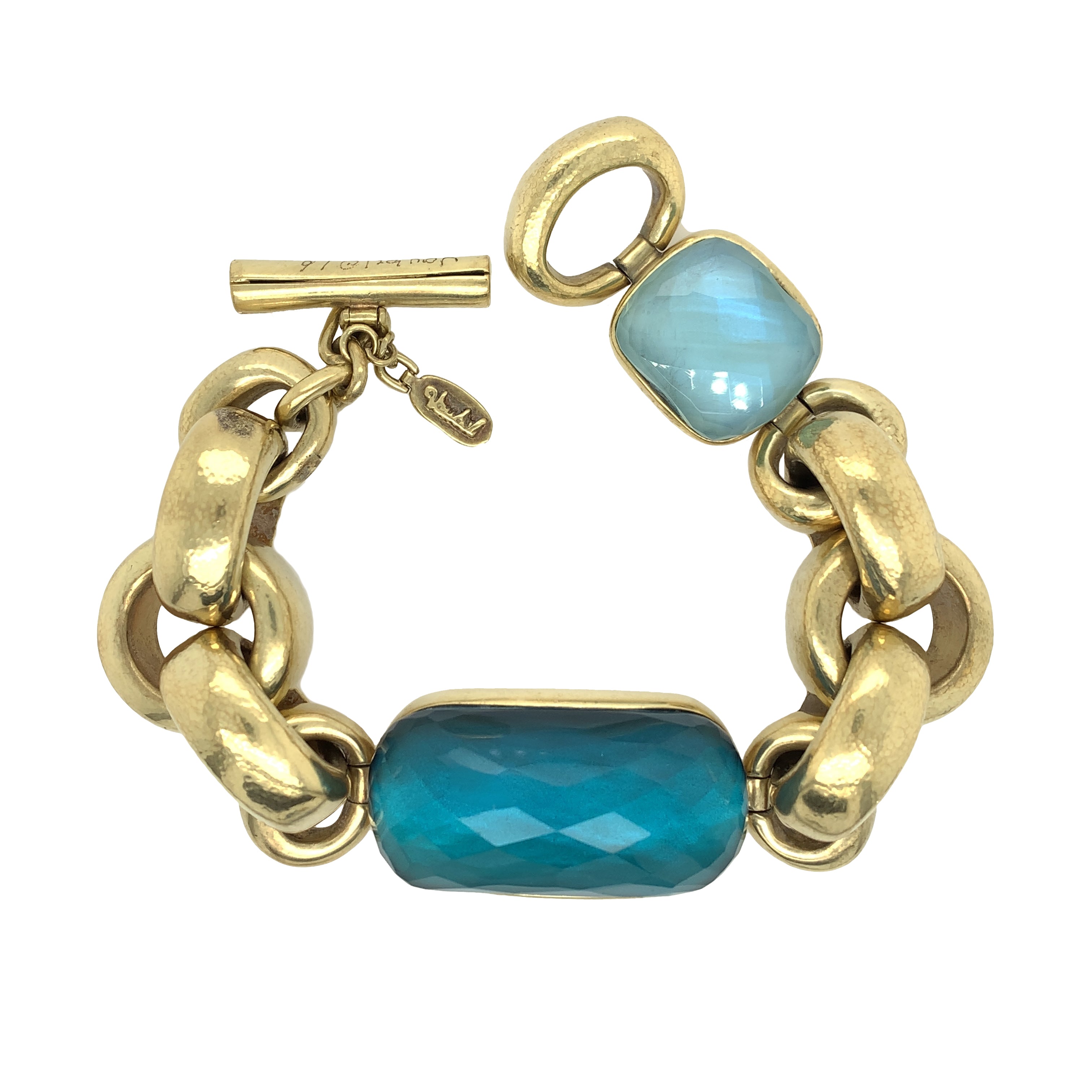 Gold Plated Over Silver Chunky Link Blue Stone Bracelet  14K Green Gold Plated Over Silver 7.5" Long  Designed by Steven Vaubel